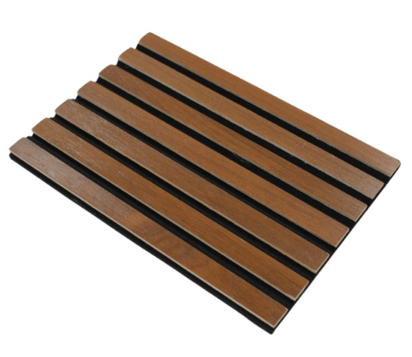 Close-up view of Grooved PET Wood Acoustic Panels showing detailed grooves and wood finish.