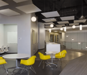 Decorative PET ceiling baffles installed in a modern office by Gitco for acoustic enhancement.