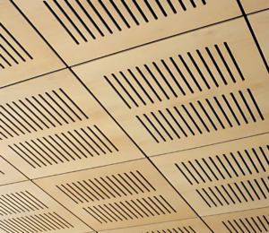 Wood Slotted Acoustic Panel installed on ceiling – Modern acoustic ceiling panel for sound absorption and decorative appeal